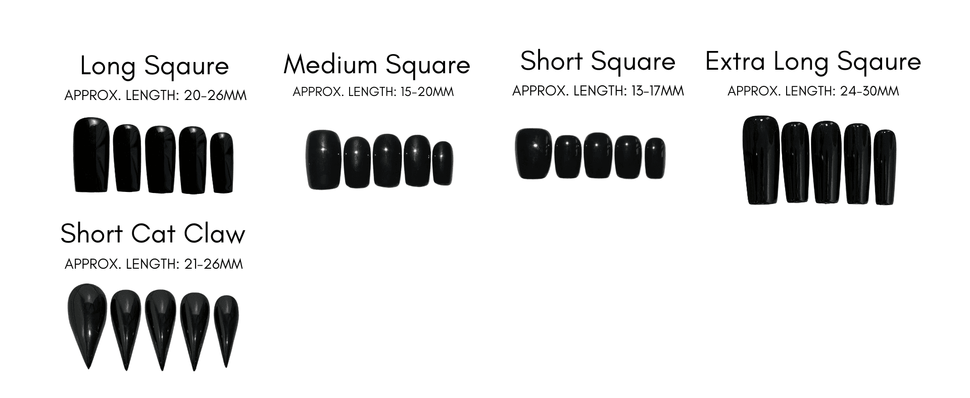 Square and Cat claw lengths: Long Square, Medium Square, Short Square, Extra Long Square, Short Cat Claw