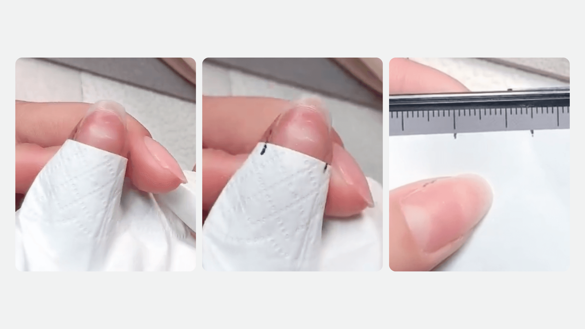 Step 1: Holding paper across nail bed, marking widest point, and measuring with mm ruler